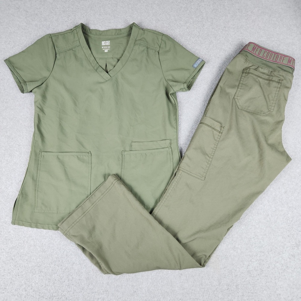 Med Couture Touch Scrubs Set Womens XS/S Olive Green Medical Workwear V-Neck